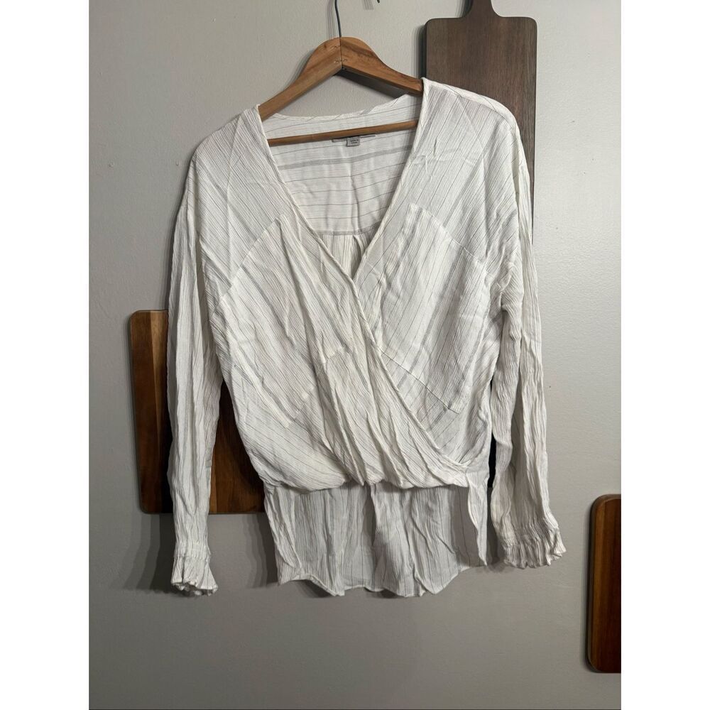 AllSaints White Penny Striped Hi Lo Balloon Sleeve V-Neck Wrap Blouse Size XS